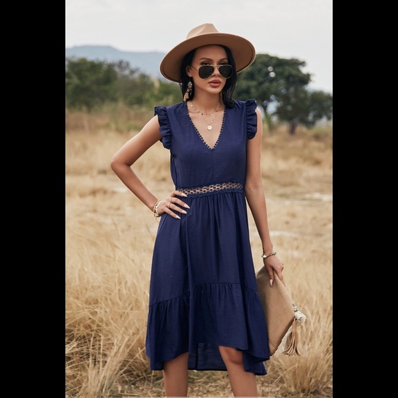 Dresses & Skirts - Dark navy V neck sleeveless ruffle dress